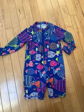 Lands' End Bright Blue Toddler Fish & Floral Swim Romper